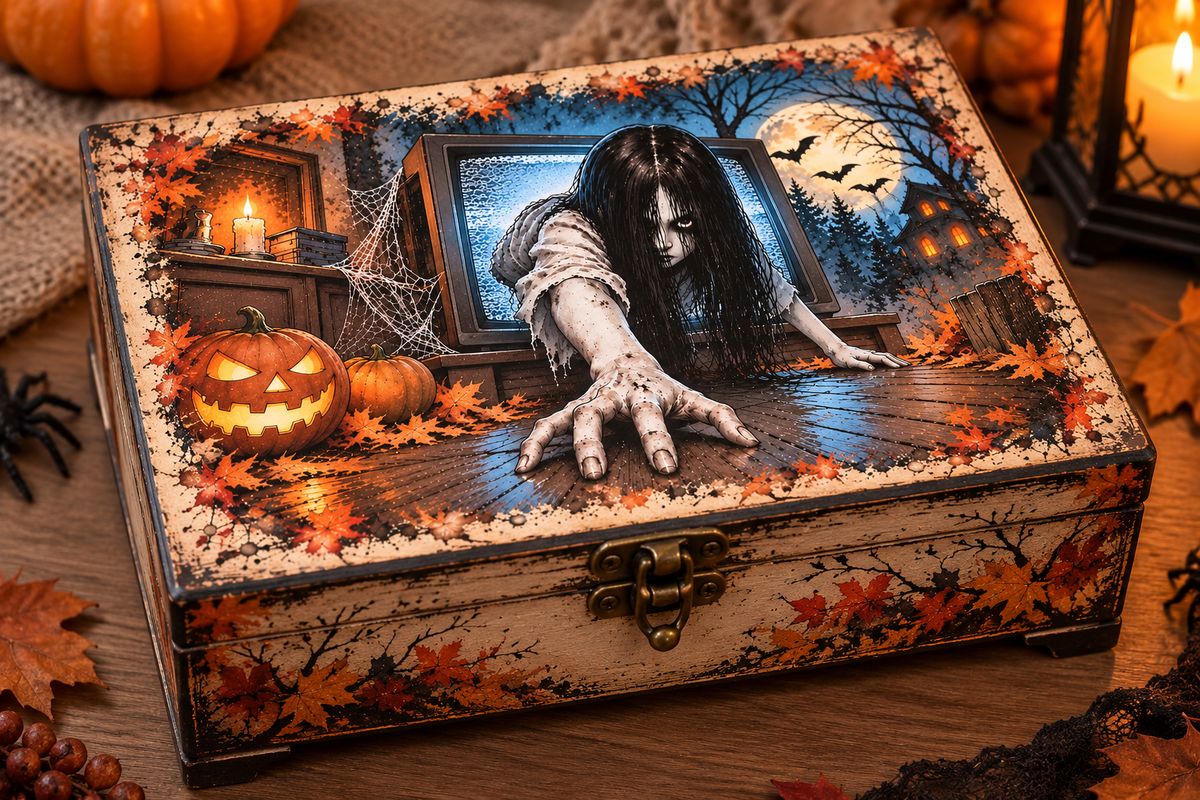 Dettaglio grafica e applicazione decoupage Poltergeist MyRestyling