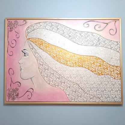 Quadro La Chioma - Opera d'Arte con Rilievi Materici e Cornice Dorata 124x84cm