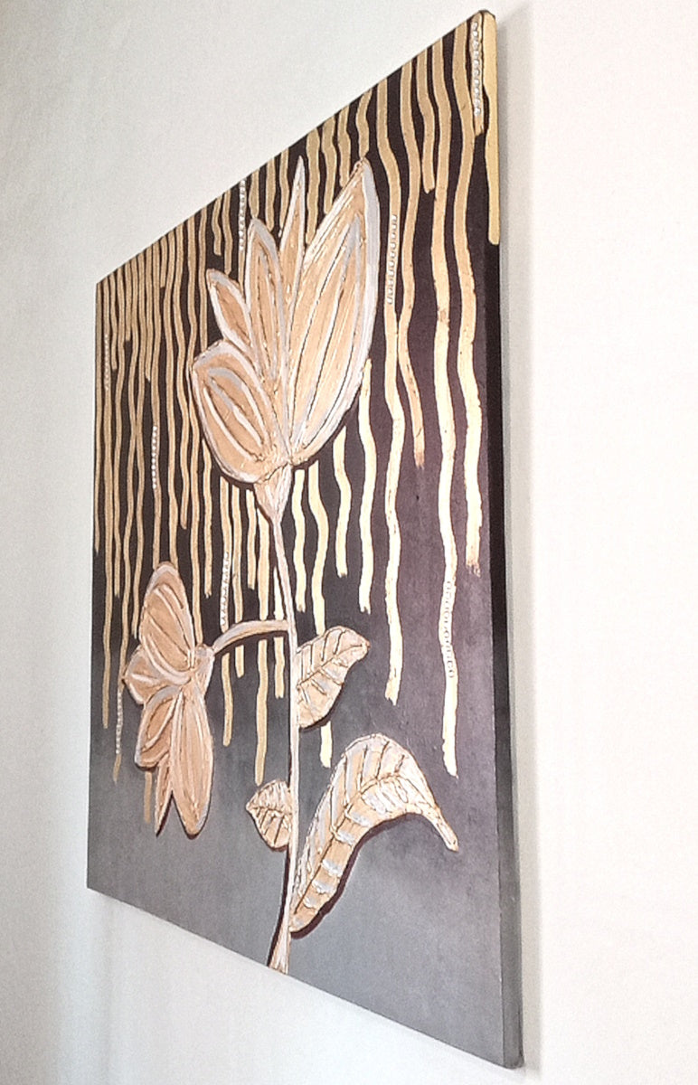 Quadro Canvas Nightly Flower - Opera d'Arte Materica con Foglia Oro 96x96cm