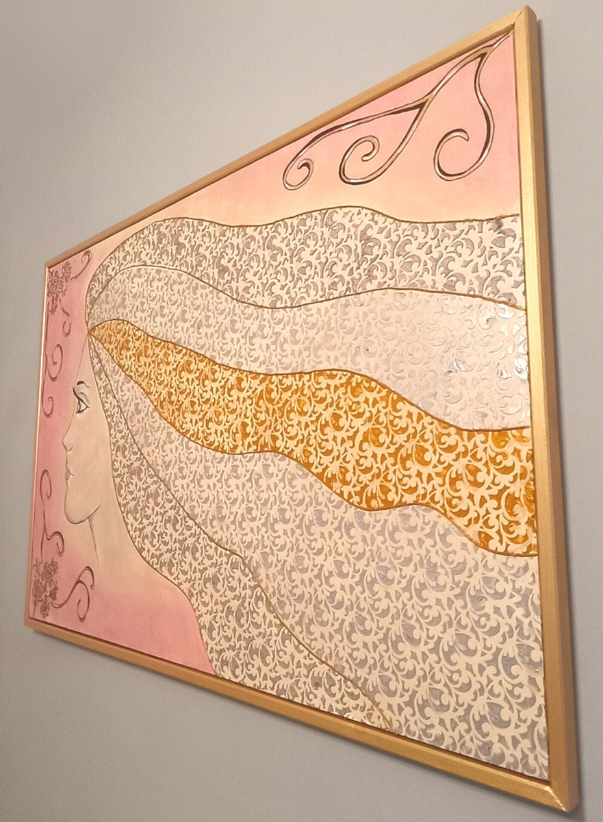 Quadro La Chioma - Opera d'Arte con Rilievi Materici e Cornice Dorata 124x84cm