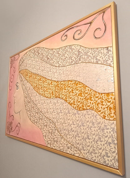 Quadro La Chioma - Opera d'Arte con Rilievi Materici e Cornice Dorata 124x84cm