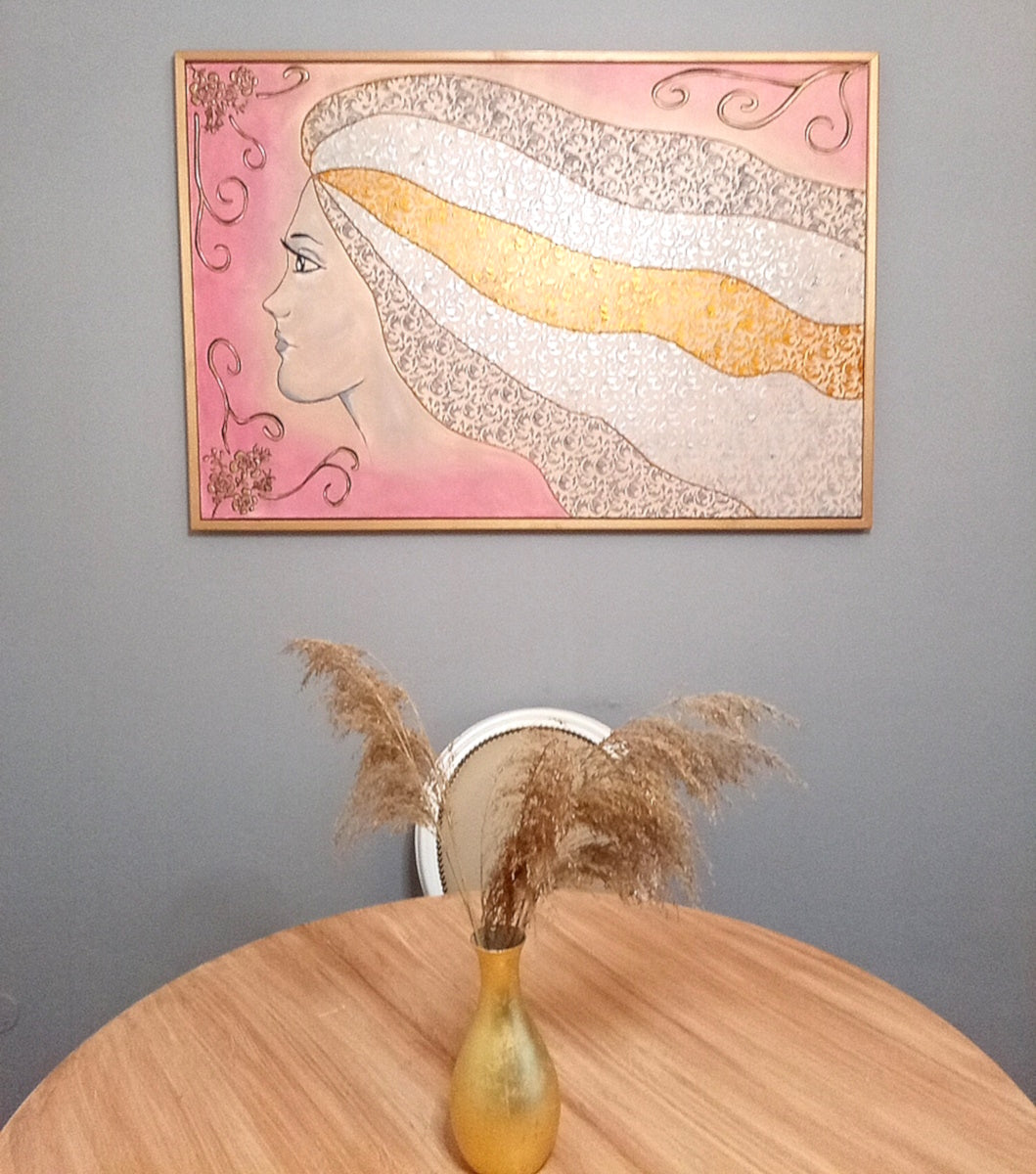 Quadro La Chioma - Opera d'Arte con Rilievi Materici e Cornice Dorata 124x84cm