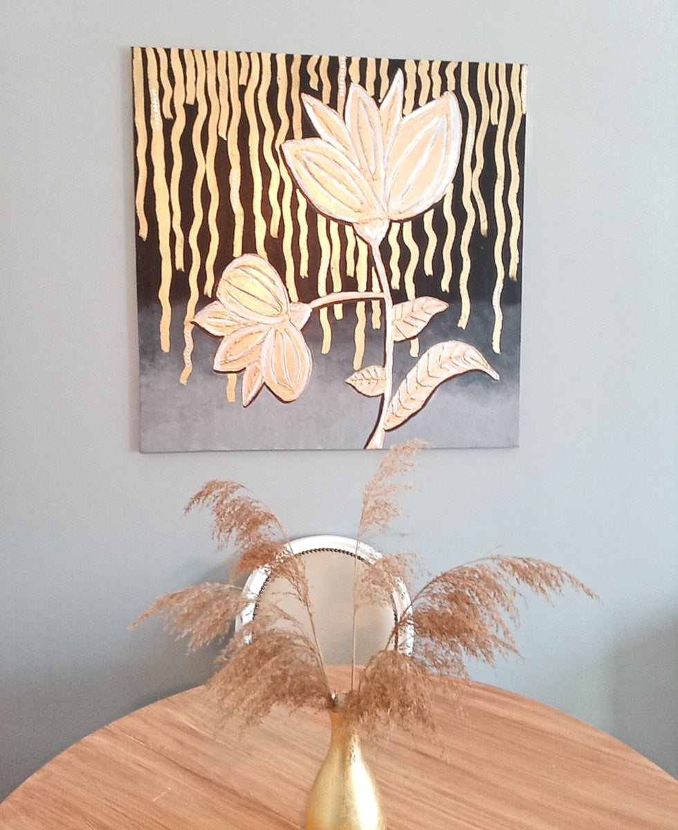 Quadro Canvas Nightly Flower - Opera d'Arte Materica con Foglia Oro 96x96cm