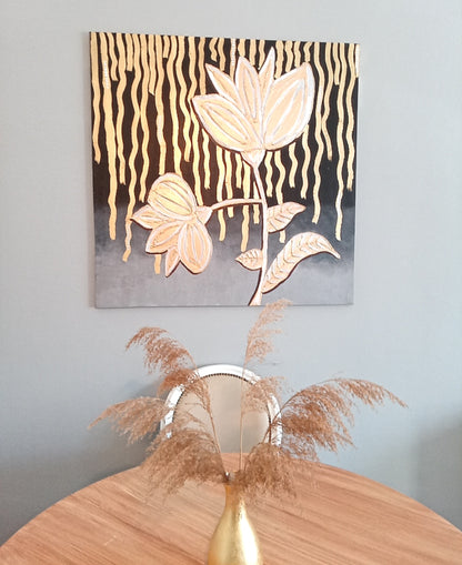 Quadro Canvas Nightly Flower - Opera d'Arte Materica con Foglia Oro 96x96cm