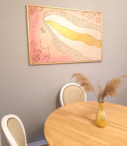 Quadro La Chioma - Opera d'Arte con Rilievi Materici e Cornice Dorata 124x84cm