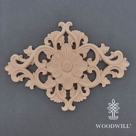 Woodwill - Fregio Rosone Floreale Intagliato in Legno 20,5x14 cm