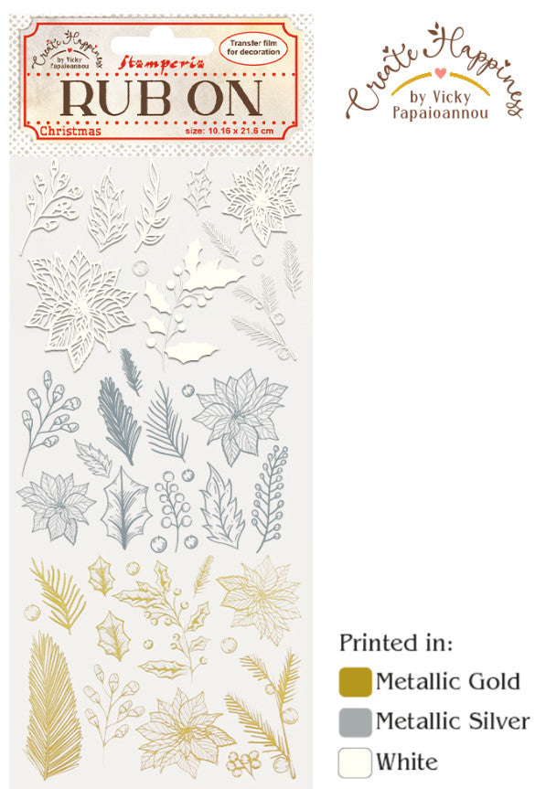 Rub on cm 10,16x21,6 Create Happiness Christmas stella Natale e foglie