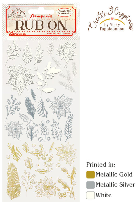 Rub on cm 10,16x21,6 Create Happiness Christmas stella Natale e foglie