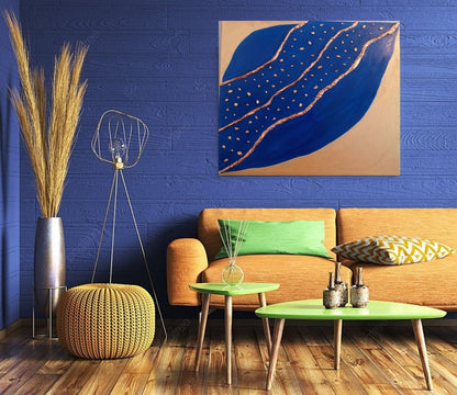 Canvas The Milky Way - Quadro Dipinto a Mano Blu e Oro 88x88cm