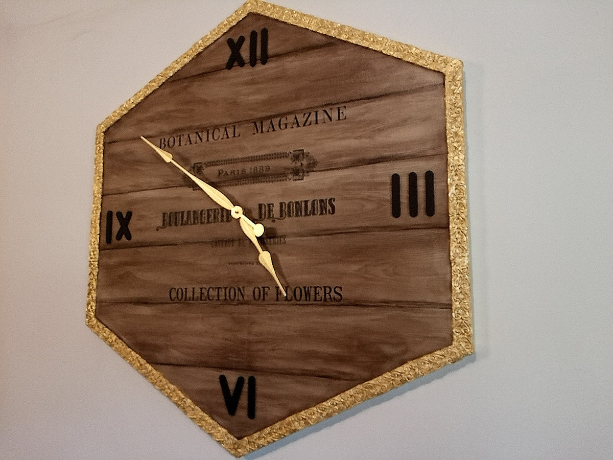 Orologio da Parete Grande Dipinto a Mano - Canvas Shabby Chic con Foglia Oro 89x96cm