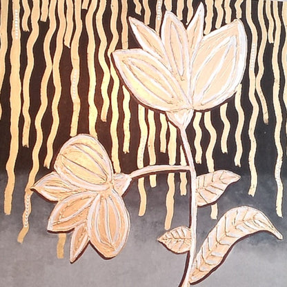 Quadro Canvas Nightly Flower - Opera d'Arte Materica con Foglia Oro 96x96cm